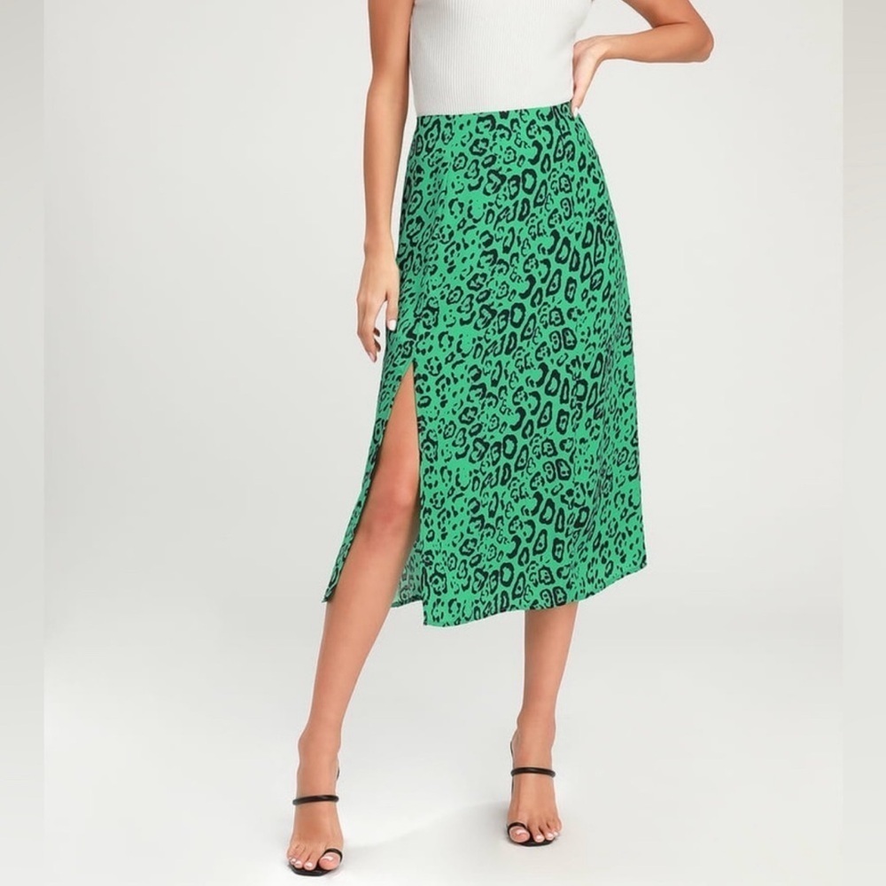 WAYF Altamont Green Leopard Animal Print Midi Skirt Size small Y2K